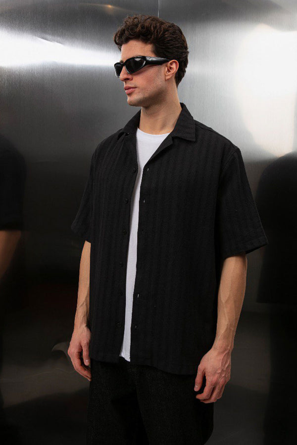 Linen Striped Patterned Shirt Black