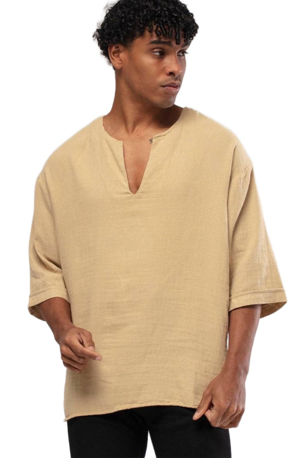 Bohemian V Neck Model Short Sleeve Linen Shirt Camel