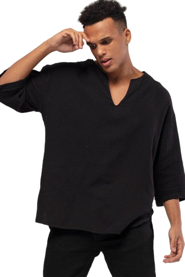 Bohemian V Neck Model Linen Shirt Black