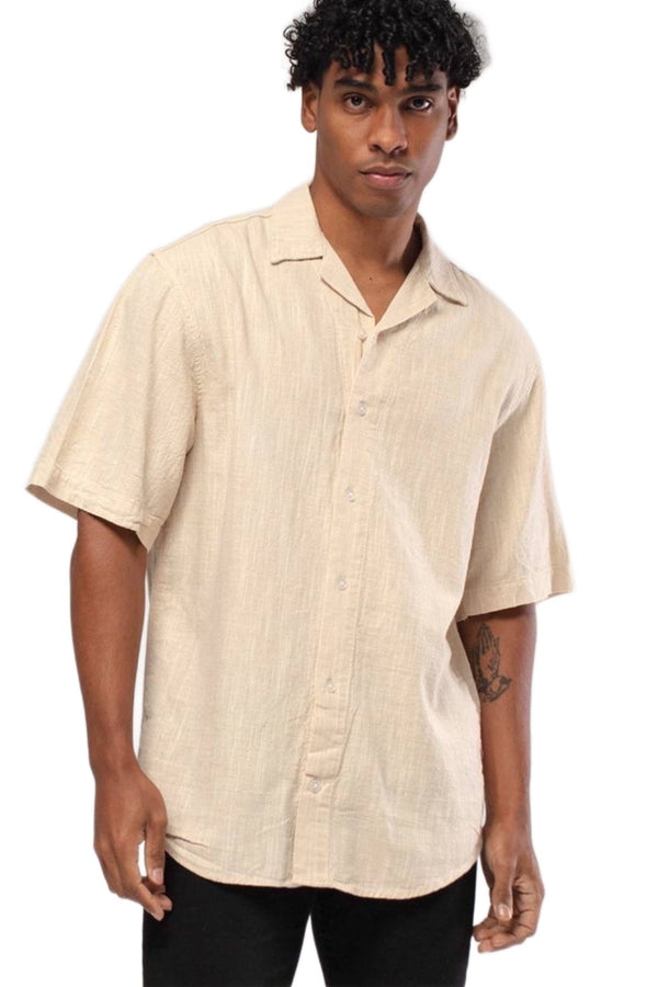 Linen Button Down Short Sleeve Beige Shirt