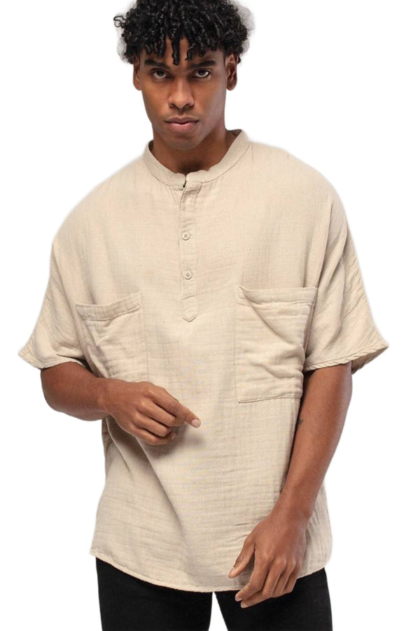 Linen Mandarin Neck half Button, two Chest Pockets L.Grey