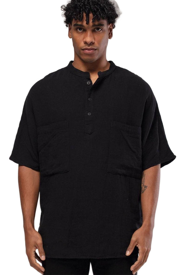 Linen Mandarin Neck half Button, two Chest Pockets Shirt Black