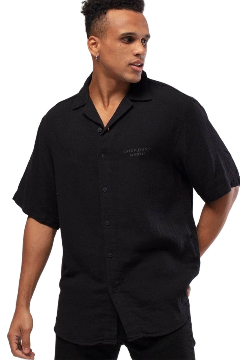 Linen Button Down Short Sleeve Shirt Black