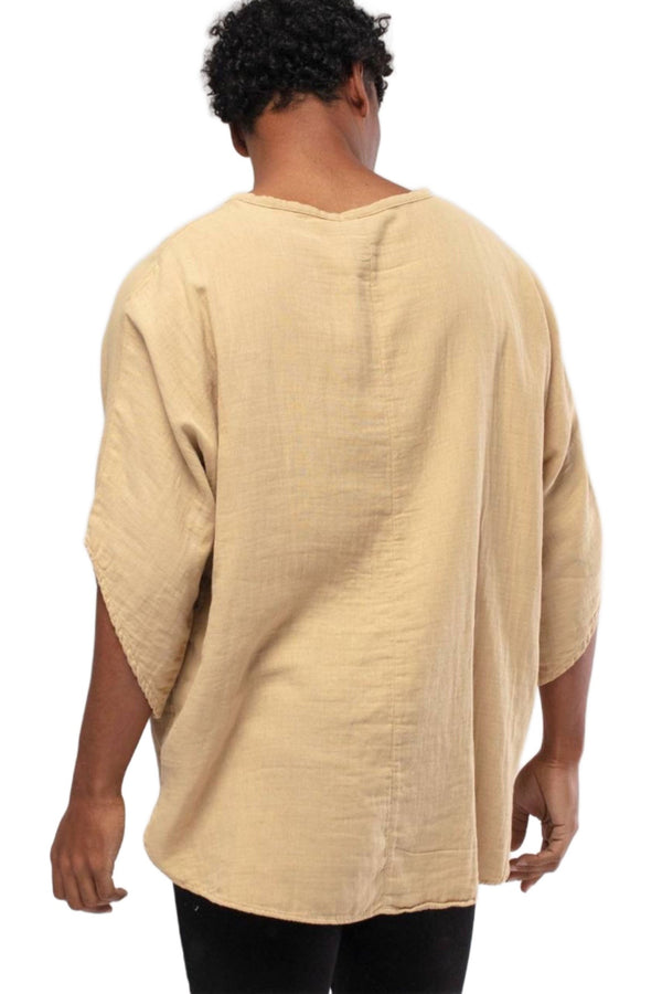 Bohemian Round Neck Bell sleeve Linen Shirt Camel