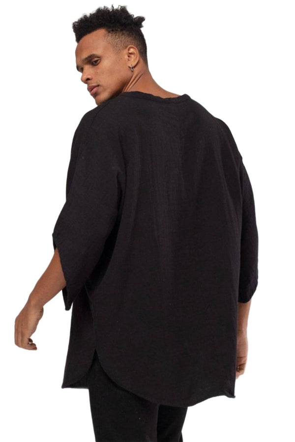 Bohemian Round Neck Bell sleeve Linen Shirt Black