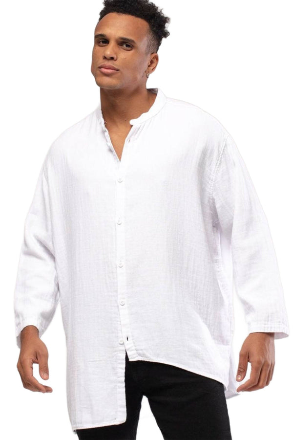 Linen Mandarin Neck 3/4 Sleeve Button Down Asymmetric  Shirt White