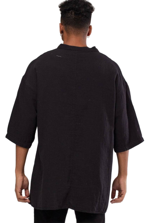 Linen Mandarin Neck Half Button Short sleeve Shirt Black