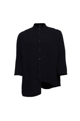 Linen Mandarin Neck 3/4 Sleeve Button Down Asymmetric  Shirt Black