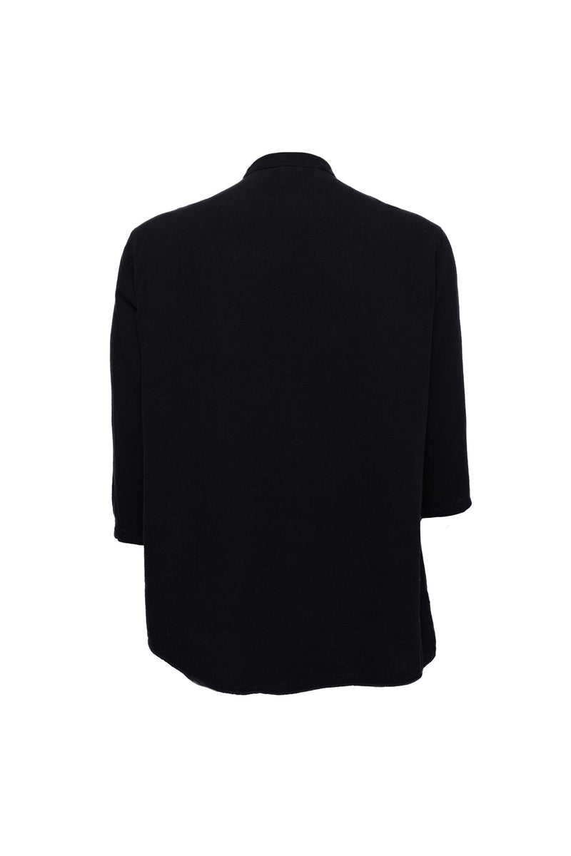 Linen Mandarin Neck 3/4 Sleeve Button Down Asymmetric  Shirt Black