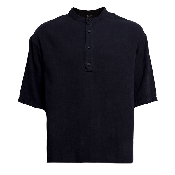 Linen Mandarin Neck Half Button Short sleeve Shirt Black