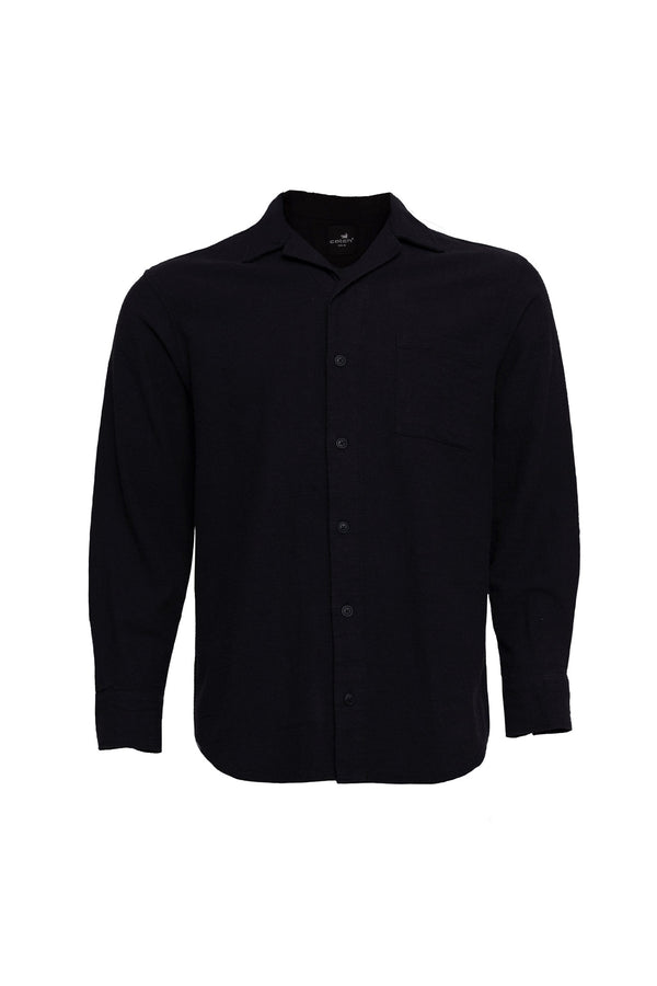 Linen Button Down Long Sleeve Black Shirt