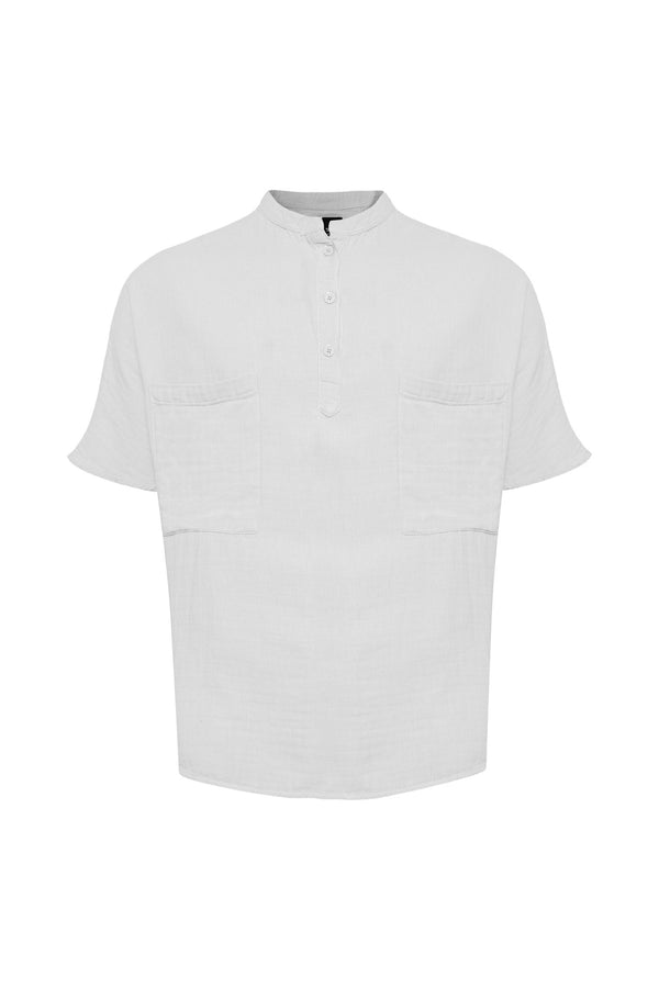 Linen Mandarin Half Neck Button Two Chest Pocket Shirt White