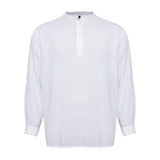 Linen Mandarin Neck half Button Long Sleeve Shirt White