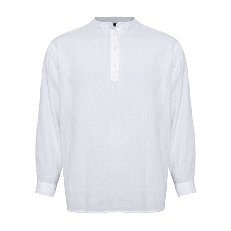 Linen Mandarin Neck half Button Long Sleeve Shirt White