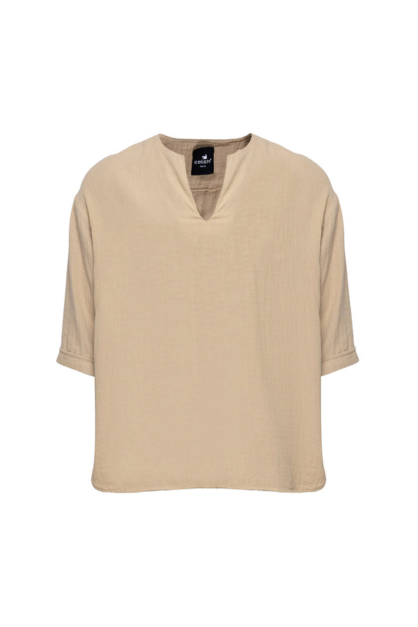 Bohemian V Neck Model Short Sleeve Linen Shirt Camel