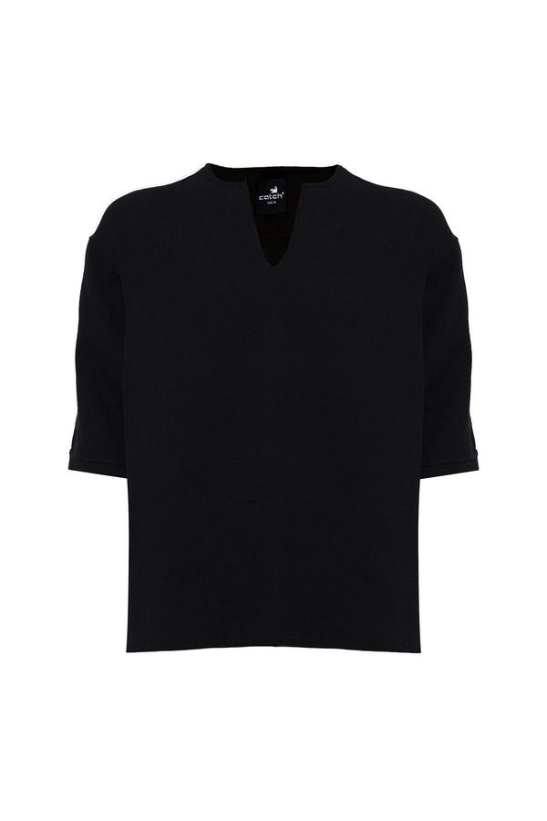 Bohemian V Neck Model Linen Shirt Black
