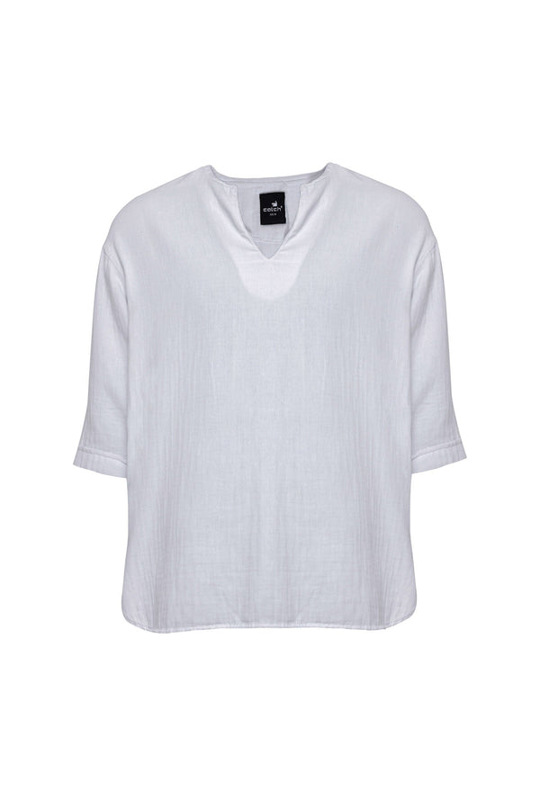 Bohemian V Neck Model Short Sleeve Linen Shirt White