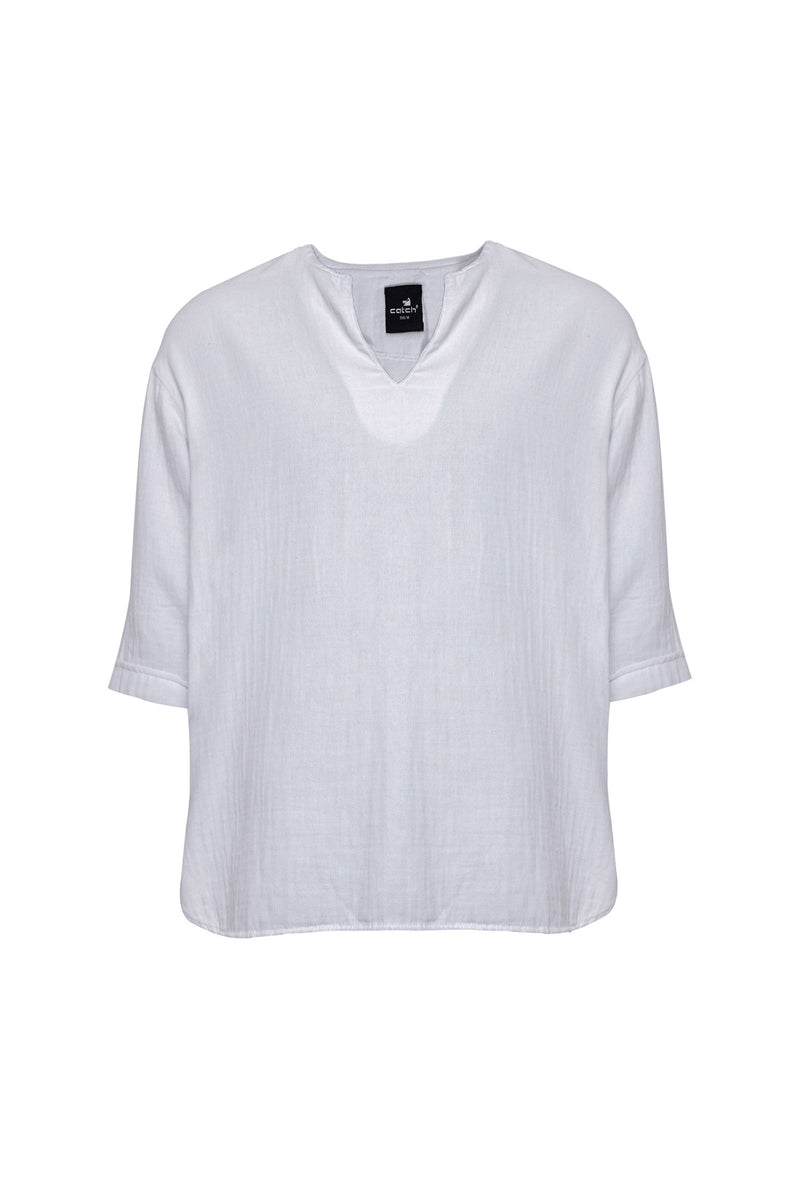 Bohemian V Neck 3.4 sleeve Linen Shirt White